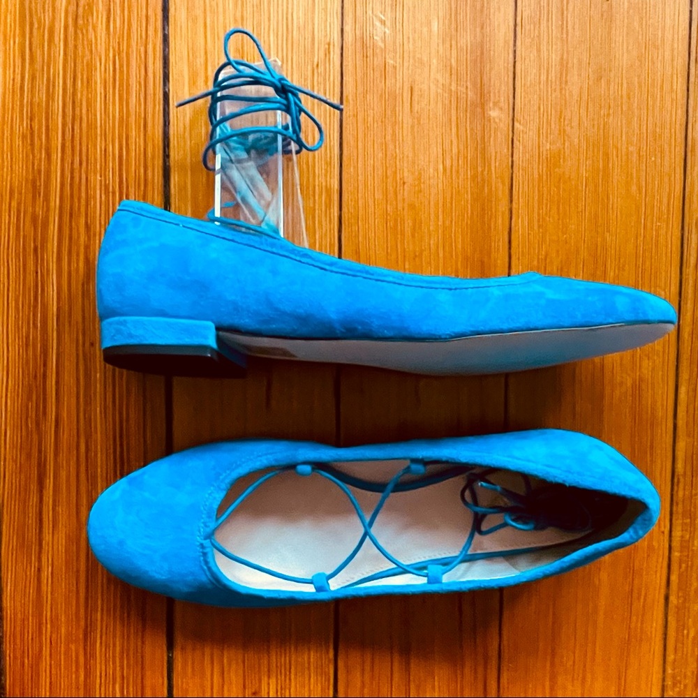 New J Crew Teal Blue Suede Ankle Wrap Tie Flats size 8